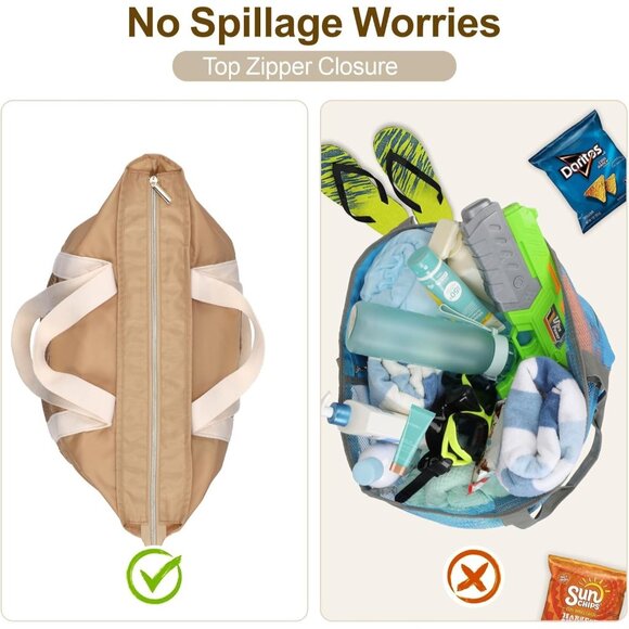 Women's Khaki Vacation Waterproof Sandproof With Zipper Mesh Pockets Beach Bag - Picture 7 of 8